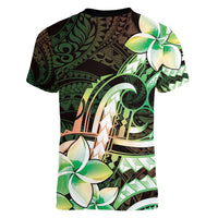 Polynesian Art Tattoo Women V-Neck T-Shirt Plumeria Flowers Green Gradient LT05 - Polynesian Pride