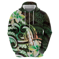 Polynesian Art Tattoo Zip Hoodie Plumeria Flowers Green Gradient