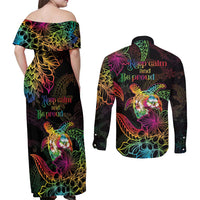 Hawaii Pride Couples Matching Off Shoulder Maxi Dress and Long Sleeve Button Shirt Aloha Is Aloha LT05 - Polynesian Pride