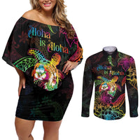Hawaii Pride Couples Matching Off Shoulder Short Dress and Long Sleeve Button Shirt Aloha Is Aloha LT05 Colorful - Polynesian Pride