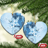 Hawaii Tapa Pattern With Blue Hibiscus Ceramic Ornament LT05 Heart Blue - Polynesian Pride