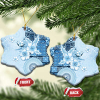 Hawaii Tapa Pattern With Blue Hibiscus Ceramic Ornament LT05 Snow Flake Blue - Polynesian Pride
