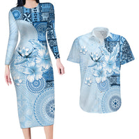 Hawaii Tapa Pattern With Blue Hibiscus Couples Matching Long Sleeve Bodycon Dress and Hawaiian Shirt LT05 Blue - Polynesian Pride