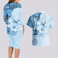 Hawaii Tapa Pattern With Blue Hibiscus Couples Matching Long Sleeve Bodycon Dress and Hawaiian Shirt LT05 - Polynesian Pride