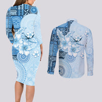 Hawaii Tapa Pattern With Blue Hibiscus Couples Matching Long Sleeve Bodycon Dress and Long Sleeve Button Shirt LT05 - Polynesian Pride