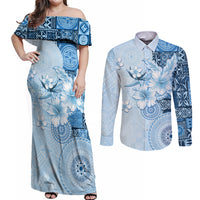 Hawaii Tapa Pattern With Blue Hibiscus Couples Matching Off Shoulder Maxi Dress and Long Sleeve Button Shirt LT05 Blue - Polynesian Pride