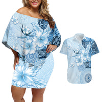 Hawaii Tapa Pattern With Blue Hibiscus Couples Matching Off Shoulder Short Dress and Hawaiian Shirt LT05 Blue - Polynesian Pride