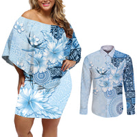 Hawaii Tapa Pattern With Blue Hibiscus Couples Matching Off Shoulder Short Dress and Long Sleeve Button Shirt LT05 Blue - Polynesian Pride