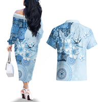 Hawaii Tapa Pattern With Blue Hibiscus Couples Matching Off The Shoulder Long Sleeve Dress and Hawaiian Shirt LT05 - Polynesian Pride