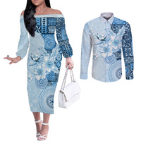 Hawaii Tapa Pattern With Blue Hibiscus Couples Matching Off The Shoulder Long Sleeve Dress and Long Sleeve Button Shirt LT05 Blue - Polynesian Pride