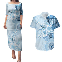 Hawaii Tapa Pattern With Blue Hibiscus Couples Matching Puletasi and Hawaiian Shirt LT05 Blue - Polynesian Pride