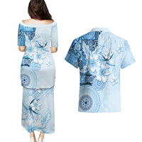 Hawaii Tapa Pattern With Blue Hibiscus Couples Matching Puletasi and Hawaiian Shirt LT05 - Polynesian Pride