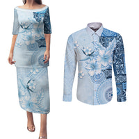 Hawaii Tapa Pattern With Blue Hibiscus Couples Matching Puletasi and Long Sleeve Button Shirt LT05 Blue - Polynesian Pride