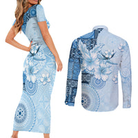Hawaii Tapa Pattern With Blue Hibiscus Couples Matching Short Sleeve Bodycon Dress and Long Sleeve Button Shirt LT05 - Polynesian Pride