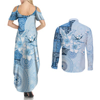 Hawaii Tapa Pattern With Blue Hibiscus Couples Matching Summer Maxi Dress and Long Sleeve Button Shirt LT05 - Polynesian Pride