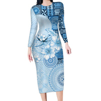 Hawaii Tapa Pattern With Blue Hibiscus Family Matching Long Sleeve Bodycon Dress and Hawaiian Shirt LT05 Mom's Dress Blue - Polynesian Pride