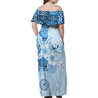 Hawaii Tapa Pattern With Blue Hibiscus Family Matching Off Shoulder Maxi Dress and Hawaiian Shirt LT05 - Polynesian Pride