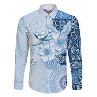 Hawaii Tapa Pattern With Blue Hibiscus Family Matching Off Shoulder Short Dress and Hawaiian Shirt LT05 Dad's Shirt - Long Sleeve Blue - Polynesian Pride