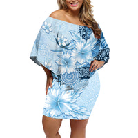 Hawaii Tapa Pattern With Blue Hibiscus Family Matching Off Shoulder Short Dress and Hawaiian Shirt LT05 Mom's Dress Blue - Polynesian Pride