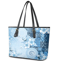 Hawaii Tapa Pattern With Blue Hibiscus Leather Tote Bag LT05 - Polynesian Pride