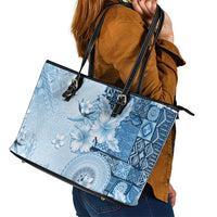 Hawaii Tapa Pattern With Blue Hibiscus Leather Tote Bag LT05 - Polynesian Pride