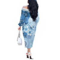 Hawaii Tapa Pattern With Blue Hibiscus Off The Shoulder Long Sleeve Dress