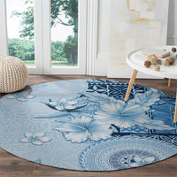 Hawaii Tapa Pattern With Blue Hibiscus Round Carpet