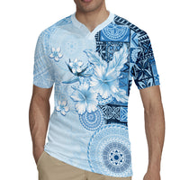 Hawaii Tapa Pattern With Blue Hibiscus Rugby Jersey LT05 - Polynesian Pride