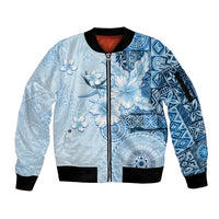 Hawaii Tapa Pattern With Blue Hibiscus Sleeve Zip Bomber Jacket LT05 Unisex Blue - Polynesian Pride