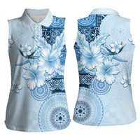 Hawaii Tapa Pattern With Blue Hibiscus Women Sleeveless Polo Shirt