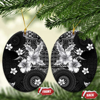Hawaii Tapa Pattern With Black Hibiscus Ceramic Ornament LT05 Oval Black - Polynesian Pride