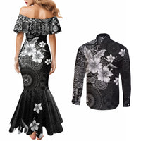Hawaii Tapa Pattern With Black Hibiscus Couples Matching Mermaid Dress and Long Sleeve Button Shirt LT05 - Polynesian Pride