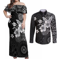 Hawaii Tapa Pattern With Black Hibiscus Couples Matching Off Shoulder Maxi Dress and Long Sleeve Button Shirt LT05 Black - Polynesian Pride