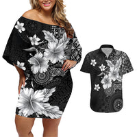 Hawaii Tapa Pattern With Black Hibiscus Couples Matching Off Shoulder Short Dress and Hawaiian Shirt LT05 Black - Polynesian Pride