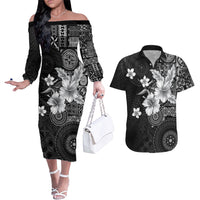 Hawaii Tapa Pattern With Black Hibiscus Couples Matching Off The Shoulder Long Sleeve Dress and Hawaiian Shirt LT05 Black - Polynesian Pride