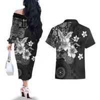 Hawaii Tapa Pattern With Black Hibiscus Couples Matching Off The Shoulder Long Sleeve Dress and Hawaiian Shirt LT05 - Polynesian Pride