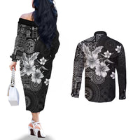 Hawaii Tapa Pattern With Black Hibiscus Couples Matching Off The Shoulder Long Sleeve Dress and Long Sleeve Button Shirt LT05 - Polynesian Pride