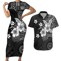 Hawaii Tapa Pattern With Black Hibiscus Couples Matching Short Sleeve Bodycon Dress and Hawaiian Shirt LT05 Black - Polynesian Pride