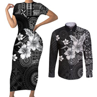 Hawaii Tapa Pattern With Black Hibiscus Couples Matching Short Sleeve Bodycon Dress and Long Sleeve Button Shirt LT05 Black - Polynesian Pride