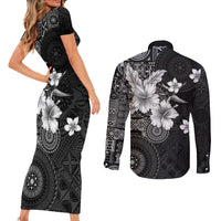 Hawaii Tapa Pattern With Black Hibiscus Couples Matching Short Sleeve Bodycon Dress and Long Sleeve Button Shirt LT05 - Polynesian Pride