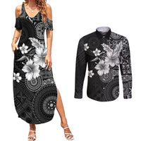 Hawaii Tapa Pattern With Black Hibiscus Couples Matching Summer Maxi Dress and Long Sleeve Button Shirt LT05 Black - Polynesian Pride
