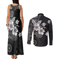 Hawaii Tapa Pattern With Black Hibiscus Couples Matching Tank Maxi Dress and Long Sleeve Button Shirt LT05 - Polynesian Pride