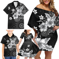 Hawaii Tapa Pattern With Black Hibiscus Family Matching Off Shoulder Short Dress and Hawaiian Shirt LT05 - Polynesian Pride