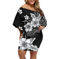 Hawaii Tapa Pattern With Black Hibiscus Family Matching Off Shoulder Short Dress and Hawaiian Shirt LT05 Mom's Dress Black - Polynesian Pride