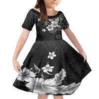 Hawaii Tapa Pattern With Black Hibiscus Family Matching Puletasi and Hawaiian Shirt LT05 Daughter's Dress Black - Polynesian Pride