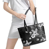 Hawaii Tapa Pattern With Black Hibiscus Leather Tote Bag LT05 - Polynesian Pride