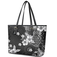 Hawaii Tapa Pattern With Black Hibiscus Leather Tote Bag LT05 - Polynesian Pride