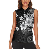 Hawaii Tapa Pattern With Black Hibiscus Women Sleeveless Polo Shirt