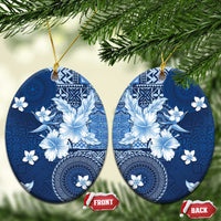 Hawaii Tapa Pattern With Navy Hibiscus Ceramic Ornament LT05 Oval Navy - Polynesian Pride