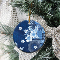 Hawaii Tapa Pattern With Navy Hibiscus Ceramic Ornament LT05 - Polynesian Pride